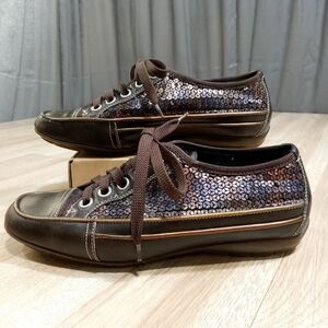 Donald‎ Pliner Shoes Womens Sz 6.5M EU 37 Brown Lace Up Seguins Sneaker
